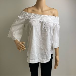 White Off Shoulder Shirred Long Sleeve Blouse